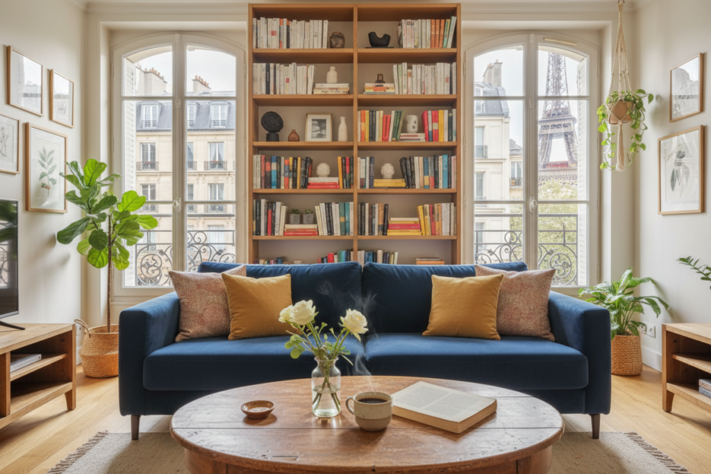 A charming Paris apartment interior featuring a cozy living space with elegant small-scale furniture. In the foreground, a vintage wooden table holds a small vase of fresh flowers, a steaming cup of coffee, and an open book. The middle section showcases a well-organized bookshelf filled with books and decorative items, complemented by a comfortable, plush sofa adorned with colorful cushions. Large windows in the background bathe the room in warm, natural light, revealing glimpses of the iconic Paris skyline outside. Soft, neutral walls with tasteful artwork add to the charm, while subtle greenery in the form of potted plants enhances the atmosphere. Capture this scene with a warm, inviting mood, using natural lighting to emphasize the beauty of small-space living in the heart of Paris.