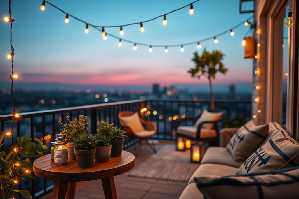 A charming cozy balcony setup adorned with softly glowing string lights, casting warm, inviting shadows. In the foreground, a small, round wooden table holds an array of potted plants and decorative lanterns. The middle ground features comfortable seating, like a cushioned chair and a small rug, both enhancing the intimate atmosphere. In the background, the faint outline of a city skyline can be seen, providing a serene contrast against the gentle evening sky. The lighting is warm and ambient, creating a cozy atmosphere that beckons relaxation. The angle captures the entire setup from a slightly elevated perspective, emphasizing the inviting nature of this small space. Aim for a realistic look that captures the essence of enjoying a peaceful evening outdoors.