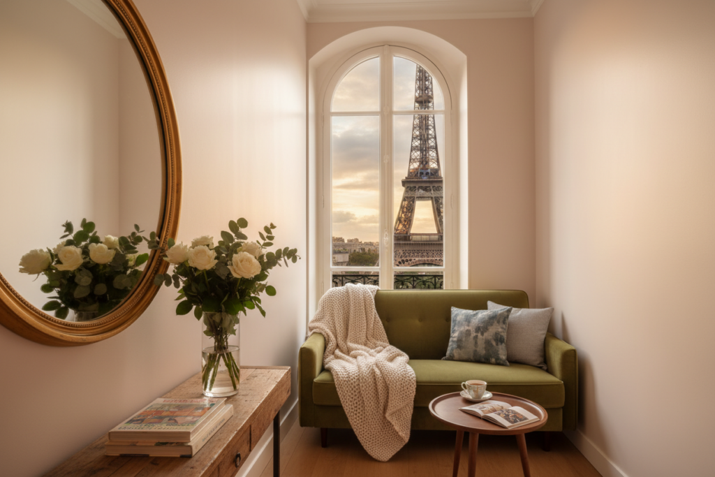 A charming tiny Parisian apartment featuring a strategically placed mirror reflecting natural light from a tall window. In the foreground, a stylish, round mirror hung above a small wooden console table adorned with fresh flowers and a stack of art books. The middle ground showcases a cozy living area with a compact sofa, layered textiles, and a warm throw. The walls are painted in soft pastel tones, complementing the mirror's reflection of the light. The background reveals a glimpse of the Eiffel Tower through the window, adding urban elegance. Soft, warm lighting creates an inviting atmosphere, enhancing the sense of space. The perspective is from slightly above, capturing the intimate yet open feel of the apartment, emphasizing the clever use of mirrors for visual expansion.