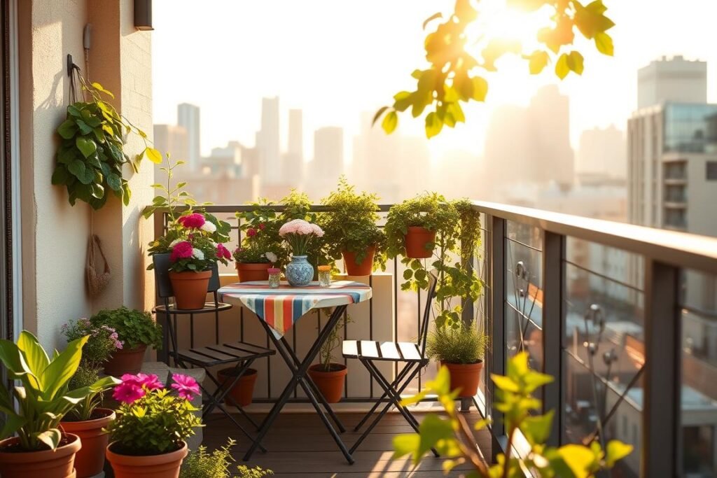 A charming tiny balcony design in an urban setting, featuring a cozy nook filled with vibrant potted plants and flowers. The foreground showcases a small bistro table set with two stylish chairs, adorned with a colorful tablecloth and a decorative vase. In the middle ground, a vertical garden adds greenery against the balcony railing, creating an inviting and lush atmosphere. The background reveals a city skyline bathed in warm golden hour light, casting gentle shadows and enhancing the sense of intimacy. The image should capture the relaxing vibe of a personal retreat, with soft sunlight filtering through leaves, creating a tranquil and inspiring space perfect for small apartment living. The angle should give a slightly elevated view, emphasizing both the balcony and the enchanting city backdrop.