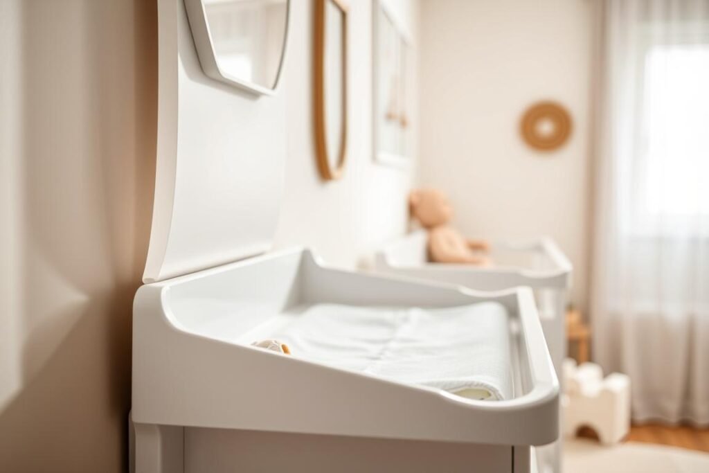 A close-up view of a modern, wall-mounted changing station designed for small nurseries. The station features a clean, white finish with soft padding on the changing surface and built-in storage compartments for diapers and wipes. In the foreground, the changing surface is open, displaying a neatly folded diaper and a small decorative toy. In the middle ground, the wall showcases neutral pastel colors, creating a soothing atmosphere. The background softly blurs into a cozy nursery space with natural light filtering through a nearby window, enhancing the inviting feel of the room. The angle is slightly tilted to draw attention to the changing station, and the overall mood is calm, practical, and welcoming.