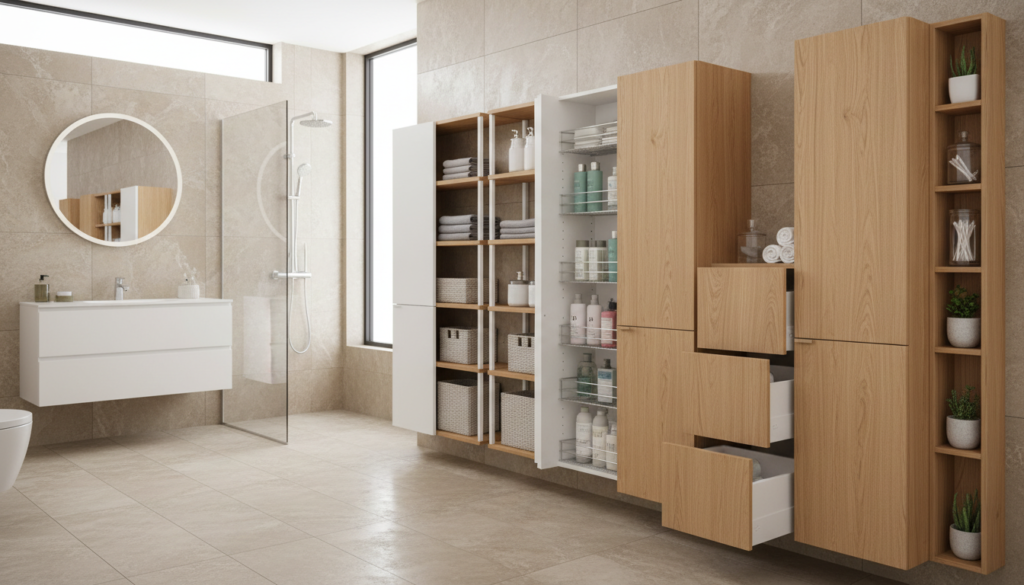 A collection of innovative space-saving bathroom closet designs, featuring sleek, minimalist aesthetics tailored for condos and apartments. In the foreground, showcase stylish, compact cabinets with integrated shelving and pull-out drawers, utilizing vertical space effectively. The middle ground should present a variety of storage solutions, like open shelving with neatly organized items and hidden compartments, designed to maximize functionality without compromising on style. In the background, include a softly lit bathroom scene with neutral tones and modern fixtures, creating a calm and inviting atmosphere. Use natural lighting to enhance the warmth of the wood finishes and the clean lines of the cabinetry. Capture the image from a slightly elevated angle to provide a comprehensive view of the closet designs, ensuring a realistic yet aspirational feel.