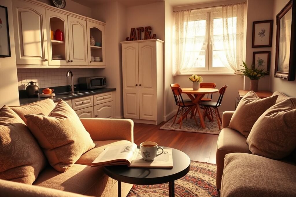 A compact French flat interior showcasing a harmonious blend of style and functionality. In the foreground, a cozy living space features a soft, plush sofa adorned with elegant throw pillows. A small round coffee table is nestled in front, holding a vintage book and a steaming cup of coffee. The middle layer highlights a multifunctional kitchen with white cabinets and open shelving displaying colorful dishware, accented by a charming window with delicate lace curtains allowing warm, golden sunlight to pour in. The background reveals a tasteful dining nook with a small wooden table, surrounded by chic chairs, and rustic wall art adding character. The overall atmosphere is warm and inviting, embodying the essence of French elegance within a compact, well-organized space, viewed from a slightly elevated angle to capture the room's layout and lighting.