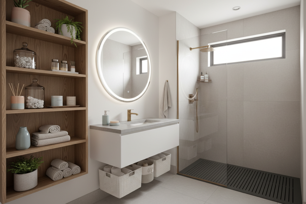 A compact and stylish bathroom featuring innovative space-saving solutions. In the foreground, an elegant wall-mounted shelving unit holds neatly arranged toiletries and decorative plants, maximizing height while keeping the floor clear. The middle ground showcases a sleek, modern vanity with a small sink, surrounded by storage baskets and a mirror that enhances the sense of space. The background includes a compact shower area, with glass doors and a minimalist design. Soft, natural light filters in through a frosted window, creating a calm and airy atmosphere. The color palette is soothing, with soft whites and earthy tones, complemented by accessories in muted pastels. The overall mood is functional yet stylish, embodying the essence of small-space living while remaining inviting and organized.
