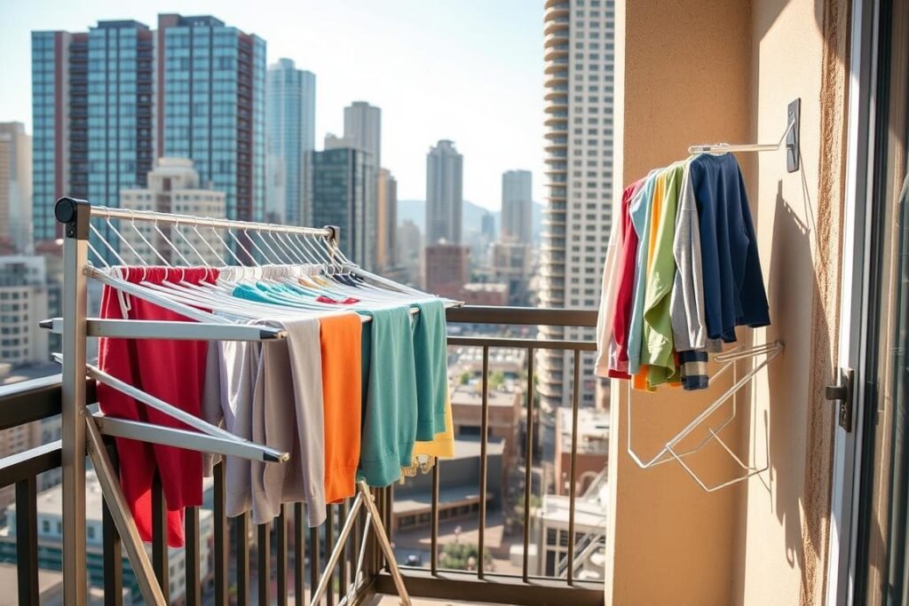 A compact balcony scene featuring a variety of drying racks neatly organized against a railing. In the foreground, a foldable drying rack is laden with colorful clothes, lines stretching across similar racks to maximize space. The middle ground shows an innovative wall-mounted drying solution, discreetly designed to blend with the balcony aesthetics. In the background, a cityscape can be seen, with high-rise buildings creating a vibrant urban atmosphere. The lighting is warm, indicative of a sunny afternoon, casting soft shadows on the drying clothes. The image captures a cozy, practical vibe, emphasizing clever space-saving solutions for urban dwellers. The angle is slightly elevated, providing a clear view of the balcony setup against the exciting city backdrop.
