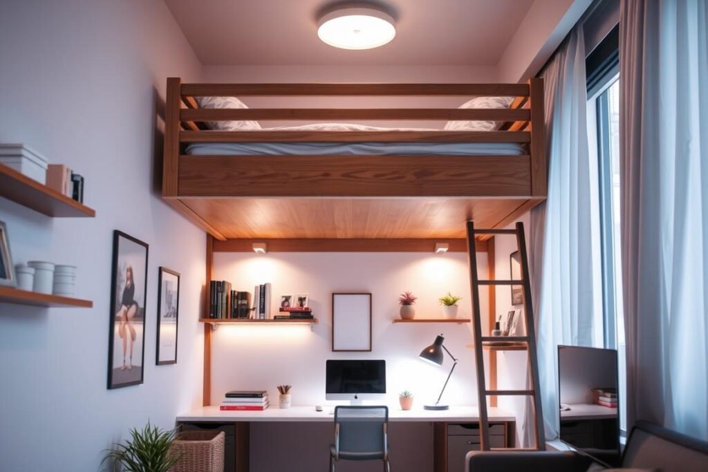 A compact bedroom design featuring a loft bed creates an efficient use of space. In the foreground, the loft bed, with a stylish wooden frame, is positioned above a cozy study area, complete with a modern desk and a comfortable chair. Below the bed, soft ambient lighting illuminates the workspace, enhancing the inviting atmosphere. In the middle ground, the walls are adorned with wall-mounted shelves showcasing books and decor items, adding personality to the compact design. The background includes a large window allowing natural light to flood the room, with light, airy curtains gently billowing. The overall mood is serene and inspiring, promoting a sense of functionality and style in a small apartment setting, captured from a slightly elevated angle to showcase the loft bed's height and the cozy arrangement below.