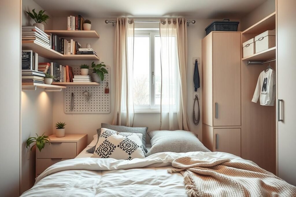 A compact bedroom designed to maximize vertical space, featuring innovative wall storage solutions such as open shelves filled with books, decorative plants, and stylish storage bins. The foreground showcases a cozy bed with decorative cushions and a soft throw blanket. In the middle, efficient wall-mounted cabinets line one side, harmonizing with a chic pegboard displaying accessories. The background reveals a window allowing natural light to flood the room, adorned with sheer curtains that gently flutter. The atmosphere is warm and inviting, with a soft color palette of pastel tones. The scene captures a practical yet aesthetic approach to small space living, featuring realistic textures and details, illuminated by gentle lighting that adds depth and warmth to the setting.