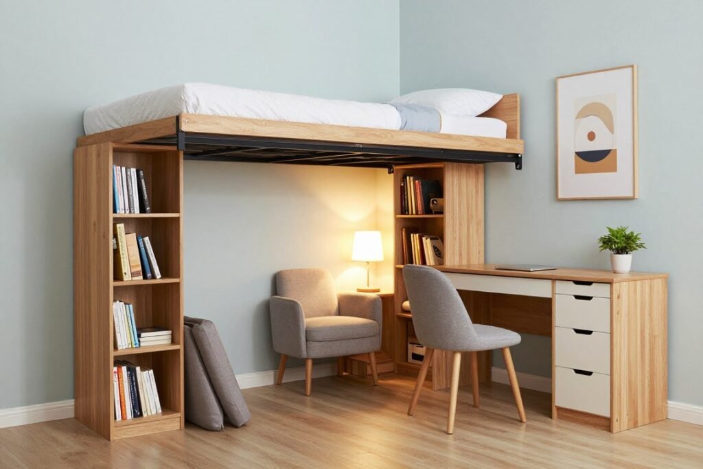 A compact bedroom scene showcasing smart furniture choices for tiny spaces. In the foreground, a cleverly designed wall bed is folded up, blending seamlessly with an integrated bookshelf. A multifunctional desk with storage drawers sits adjacent, equipped with a small plant for a touch of greenery. In the middle, a cozy corner features a stylish armchair that doubles as a storage unit, illuminated by soft, warm lighting from a bedside lamp. The background reveals light-pastel colored walls adorned with minimalist artwork, creating a spacious yet inviting atmosphere. The overall mood is modern, functional, and serene, captured from a slightly elevated angle to emphasize vertical space and tidy organization. A wide lens showcases the entire room, highlighting its clever spatial design.