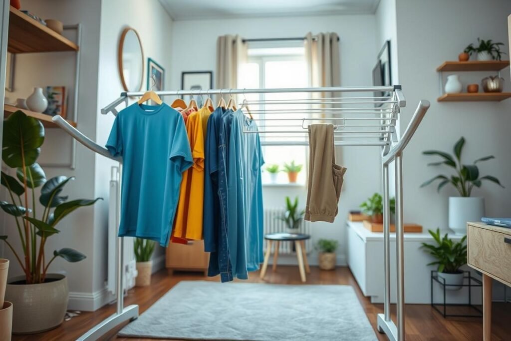 A compact clothes drying rack designed for small spaces, featuring a modern, minimalist design with foldable arms and a sleek frame made of lightweight aluminum. The foreground showcases the rack fully extended, holding various colorful garments like shirts and pants in a well-organized manner. In the middle ground, a cozy urban apartment setting reveals space-saving innovations, such as potted plants and a small window letting in soft, natural light. The background includes a tastefully decorated wall with minimalistic decor, adding warmth to the scene. The overall mood is bright and airy, highlighting the practicality and efficiency of the drying rack in a tiny apartment. Shot with a slight angle to enhance depth, using natural lighting to create soft shadows and a welcoming atmosphere.
