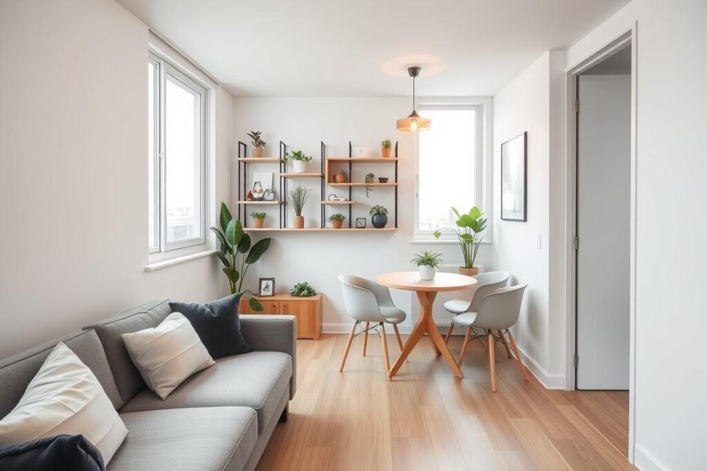 A compact condo interior showcasing a small minimalist space designed for optimal functionality. In the foreground, a stylish, multi-purpose sofa is accented with sleek, geometric cushions. The middle section features a compact dining table for two, seamlessly integrated with a wall-mounted shelving unit filled with plants and decor items, enhancing the space's liveliness. The background reveals large windows allowing natural light to flood in, illuminating the crisp white walls and light wooden flooring. Soft, ambient lighting fixtures hang from the ceiling, creating a warm and inviting atmosphere. The overall mood is serene and thoughtfully organized, emphasizing strategic planning in small space design. The perspective is a slightly elevated angle, capturing the coherence of the layout while offering a sense of spaciousness despite the cozy size.