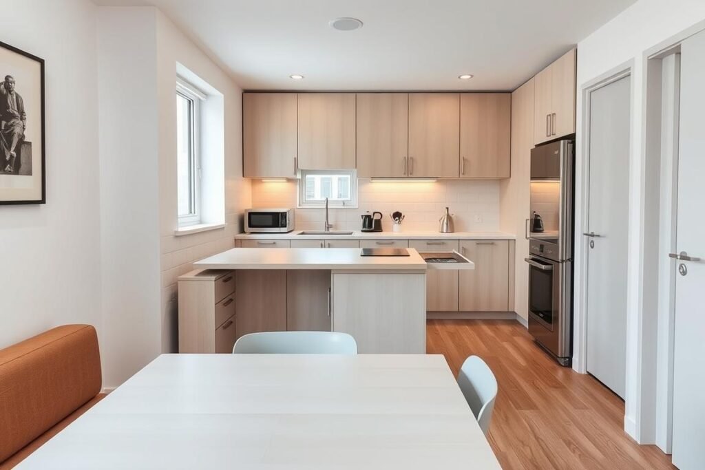 A compact, functional small kitchen design showcases multifunctional furniture expertly arranged for maximum efficiency. In the foreground, a sleek, foldable dining table with minimalist chairs is set against an open wall, serving dual purposes for dining and workspace. The middle layer features a modern kitchen island with built-in storage and a pull-out cutting board, surrounded by smart appliances. The cabinetry is light-colored, accentuating the space, while under-cabinet lighting casts a warm glow. In the background, a window allows natural light to filter in, enhancing the cheerful mood of the kitchen. The layout is efficient and practical, making a small area feel expansive and inviting, perfect for urban living.