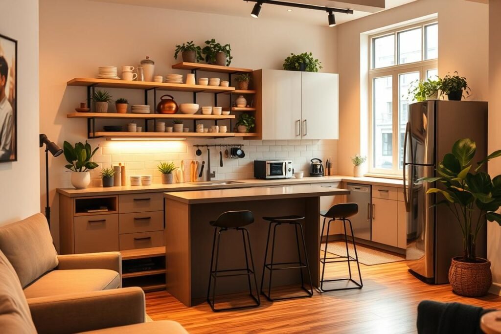 A compact, functional small kitchen layout that maximizes space, featuring multi-functional furniture. In the foreground, a sleek, modern kitchen island with built-in storage and seating, accented by stylish bar stools. The middle ground showcases open shelving filled with organized kitchenware, pots, and decorative plants, contributing to a cozy, inviting atmosphere. In the background, efficient cabinetry and a compact refrigerator blend seamlessly into the design, with a large window allowing natural light to flood the space. The lighting should be warm and ambient, highlighting textures like wood and metal, creating a harmonious and functional environment. Capture the scene from a slightly elevated angle, focusing on the interaction of furniture elements and maximizing the sense of space.