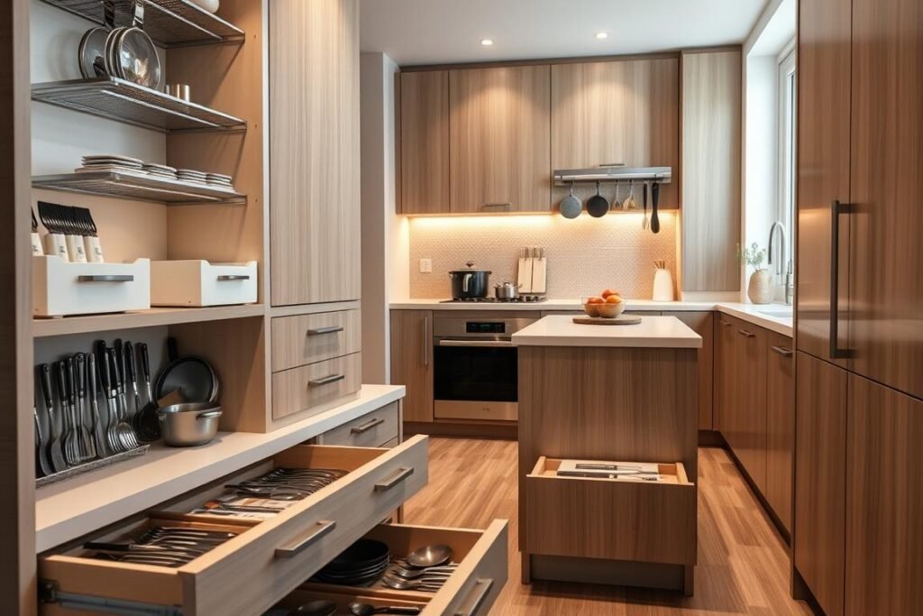 A compact kitchen featuring innovative cabinet and drawer organization systems, showcasing a blend of minimalism and functionality. In the foreground, open drawers reveal neatly arranged utensils, pots, and pan dividers, while a corner cabinet displays tiered spice racks and pull-out shelves. The middle layer showcases a sleek kitchen island with storage underneath, complemented by a wall-mounted pegboard for hanging cooking tools. In the background, stylish cabinetry with a glossy finish and under-cabinet lighting creates a warm and inviting atmosphere. The soft, natural light from a nearby window highlights the organized spaces, enhancing the overall mood of efficiency and modern design. The scene should evoke a sense of practicality, making the best use of limited space without clutter.