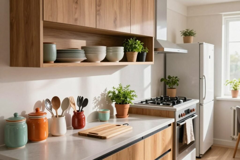 A compact kitchen in a stylish studio apartment, showcasing efficient organization techniques. In the foreground, a well-organized countertop with colorful ceramic jars, a small cutting board, and neatly arranged utensils in a holder. The middle layer features open shelving displaying neatly stacked plates, bowls, and a few potted herbs, creating a vibrant touch. The background reveals a compact refrigerator and a tiny stove, both with minimalist designs. Natural light streams in through a window, highlighting the wooden cabinetry and adding warmth to the scene. The atmosphere is inviting and practical, emphasizing space-saving solutions for small living environments. The perspective is slightly angled to capture depth, focusing on functional yet aesthetically pleasing kitchen organization.