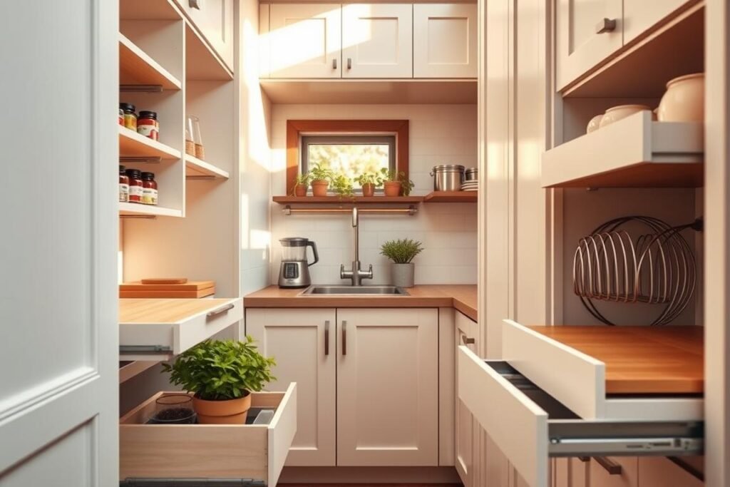 A compact kitchen layout featuring innovative cabinet and drawer organizers. The foreground showcases sleek storage solutions, such as pull-out spice racks, adjustable shelving, and a built-in cutting board. The middle layer presents a functional countertop with essential appliances like a small blender and a space-saving dish rack, complemented by vibrant potted herbs. In the background, light-colored cabinetry enhances the airy atmosphere, with warm, natural light filtering through a small window, creating inviting shadows. The angle of the image captures the entire kitchen, giving a sense of depth and showcasing the clever use of space. Overall, the mood is modern, organized, and efficient, portraying a stylish yet practical tiny home kitchen.