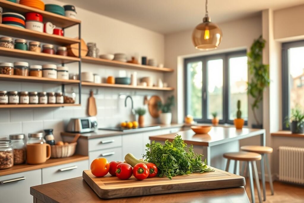 A compact kitchen scene showcasing effective organization tips, featuring neatly arranged shelves filled with colorful kitchenware and labeled storage jars. In the foreground, a stylish cutting board holds fresh vegetables and herbs, symbolizing a vibrant cooking space. The middle ground includes a modern kitchen island with stools, highlighting multipurpose usage. Soft, warm lighting creates a welcoming atmosphere, while large windows in the background let in natural light, emphasizing the sense of openness. The overall mood is cozy and functional, inviting the viewer to imagine cooking in this efficiently organized small kitchen, with practical use of vertical space and clever storage solutions seamlessly integrated into the design.