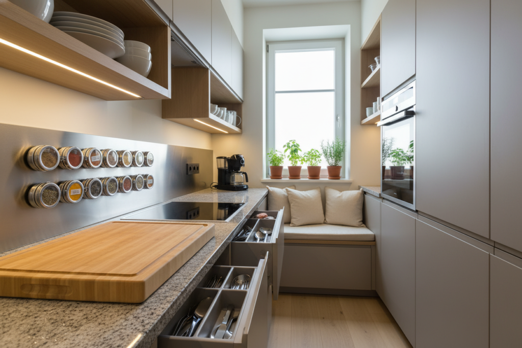 A compact kitchen vividly organized for efficient use of space, featuring sleek cabinetry with pull-out shelves and cleverly arranged utensils. In the foreground, a bamboo cutting board rests on a well-lit granite countertop, with a set of colorful spices displayed in magnetic jars on the side. The middle section showcases open shelving with neatly stacked dishes and a compact, stylish coffee maker. Background elements include a small herb garden on a windowsill, allowing natural light to brighten the space. The overall atmosphere is warm and inviting, with soft, ambient lighting that highlights the textures of wood and metal. Shot from a slightly elevated angle to capture the full functionality of the kitchen without clutter.