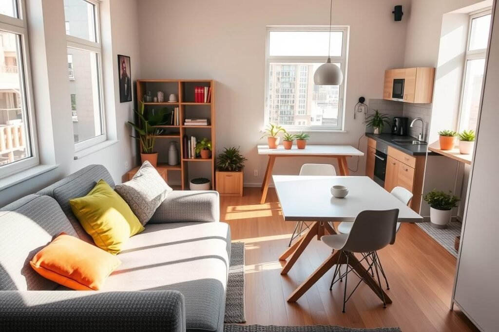 A compact, modern apartment showcasing a smart design with multi-functional furniture that maximizes space efficiency. In the foreground, a stylish, convertible sofa bed occupies a cozy living area, adorned with colorful throw pillows. The middle ground features a minimalist dining table that doubles as a workspace, surrounded by sleek, foldable chairs. Light streams in through large windows, bathing the room in natural sunlight and creating a warm atmosphere. Potted plants add a touch of greenery against neutral walls, while a small shelving unit neatly displays books and decorative items. The background hints at a compact kitchen with space-saving appliances, ensuring a harmonious blend of function and aesthetics. The scene should feel inviting and practical, emphasizing clever storage solutions and a contemporary design.