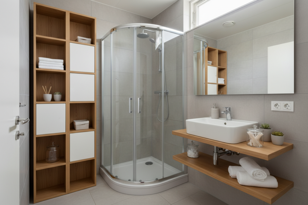 A compact, modern bathroom showcasing clever space-saving solutions. In the foreground, a wall-mounted sink with sleek storage shelves below, holding neatly organized toiletries. To the left, a vertical storage unit features open shelves and closed cabinets, maximizing wall space while keeping the area tidy. In the middle, a unique corner shower with a glass door enhances the perception of openness. The background shows light-colored tiles and a large mirror that reflects the bright, natural light streaming in from a frosted window, illuminating the room. The atmosphere feels fresh and inviting, emphasizing a minimalist design. The lighting is soft yet bright, enhancing the clean lines and functional layout, captured from a slight angle to create depth.