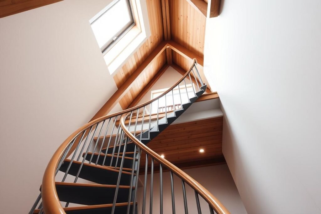 A compact spiral staircase winding gracefully through a modern, well-lit attic space. The staircase, made of sleek metal and polished wood, features elegant balusters and a minimalist design. In the foreground, the stairs dominate, showcasing their intricate details and craftsmanship. In the middle, the staircase bends upward, leading to a cozy loft area filled with soft, natural light streaming through a large skylight. The background reveals wooden beams and rustic elements, adding warmth to the contemporary design. The atmosphere is inviting and stylish, enhanced by a soft glow from recessed lighting. The angle captures the spiraling form from below, emphasizing its height and functionality while maintaining a realistic appearance.