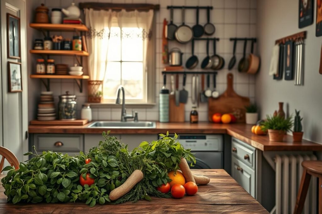 A cozy French kitchen, showcasing clever organization in a compact space. In the foreground, a rustic wooden table is adorned with fresh herbs and a colorful array of vegetables, highlighting a homemade vibe. The middle features neatly organized shelves with vintage jars, cookbooks, and hanging pots and pans, demonstrating an inviting culinary atmosphere. The background reveals a charming window with lace curtains, allowing warm sunlight to spill in, casting gentle shadows across the scene. The layout prioritizes functionality and aesthetics, with a focus on practical storage solutions like a pegboard and magnetic knife strips. The mood is warm and inviting, evoking a sense of creativity and comfort in a small apartment setting.