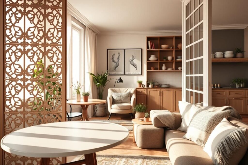 A cozy Parisian studio featuring elegant room dividers that create distinct living zones without the need for walls. In the foreground, a delicate wooden divider with intricate cut-out patterns separates a small dining area adorned with a chic bistro table and chairs. The middle ground showcases a cozy reading nook with a plush armchair and soft throw blankets, flanked by potted plants for a touch of greenery. The background reveals an inviting kitchen area with open shelving, displaying rustic dinnerware. Soft, warm lighting flows through a window draped with sheer curtains, casting gentle shadows across the space, enhancing the intimate and serene atmosphere. Capture this scene from an angle that emphasizes the division of spaces, creating a sense of depth and inviting the viewer into the warm embrace of Parisian charm.