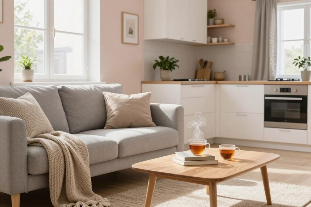 A cozy Scandinavian interior design scene showcasing a small apartment. In the foreground, a plush, light gray sofa adorned with textured throw pillows and a warm knit blanket. In the middle, a stylish coffee table made of light wood, complemented by a small stack of minimalist books and a steaming cup of herbal tea. The walls feature soft pastel shades, and large windows allow natural light to flood the space, creating a warm glow. In the background, a compact kitchen area is visible, with sleek white cabinetry and small potted plants adding a touch of greenery. Wooden accents and smart textiles, like a woven rug and patterned curtains, enhance the comfort and functionality of the space. The overall atmosphere is inviting, serene, and beautifully arranged, reflecting Scandinavian aesthetics.