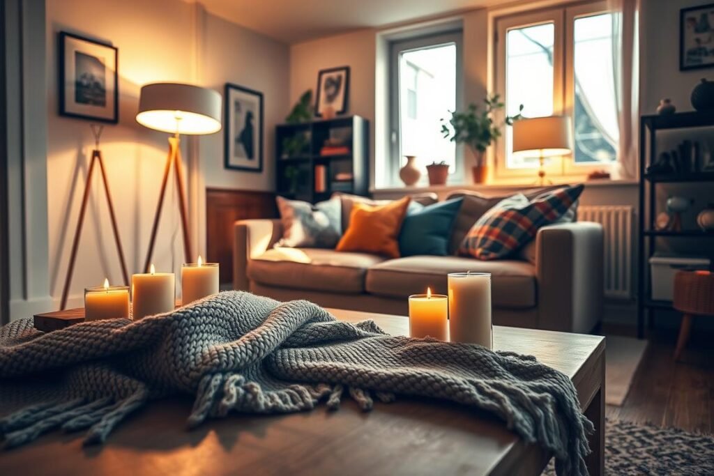 A cozy and compact apartment living room featuring layered lighting techniques. In the foreground, a stylish coffee table adorned with a soft, textured throw blanket and a few decorative candles. The middle section showcases a plush sofa with colorful throw pillows, beside a chic floor lamp casting warm light. The walls are adorned with framed artwork and soft shelving, providing an inviting atmosphere. In the background, large windows allow gentle natural sunlight to filter in, complementing the warm glow of the ambient lighting. The scene is captured with a wide-angle lens to emphasize the room's warmth and spaciousness, evoking a sense of comfort and tranquility perfect for relaxation and gatherings. Soft shadows enhance the layered lighting effect, creating depth and a welcoming ambiance.