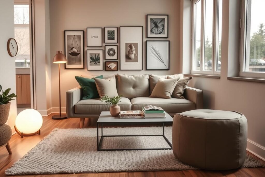 A cozy and compact living room designed for a small apartment, featuring a warm color palette of soft beige, muted greens, and natural wood tones. In the foreground, a plush, textured area rug sits under a stylish, low-profile sofa adorned with decorative throw pillows. The middle layer includes a sleek coffee table, topped with carefully arranged books and a small plant. A soft, ambient light source, like a floor lamp with a warm glow, casts gentle shadows. In the background, a gallery wall displays framed art pieces in various sizes, giving the space a personal touch. Large windows allow natural light to pour in, enhancing the inviting atmosphere of this stylish haven, perfect for relaxation and gatherings. The scene captures a sense of comfort and thoughtful design, ideal for maximizing small spaces.