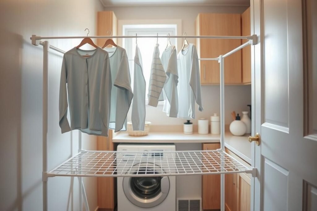 A cozy and efficient laundry room designed for small spaces. In the foreground, a modern, space-saving drying rack is set up, displaying freshly washed clothes neatly hanging. The middle layer reveals a compact washing machine and a minimalist countertop with laundry supplies organized in stylish containers. The background features a small window allowing soft, natural light to filter in, illuminating the serene atmosphere. Light wood cabinets and pastel-colored walls create an inviting ambiance. The overall mood is practical yet charming, inviting the viewer to envision maximizing space in their own laundry room. The perspective is an inviting angle, approximately eye-level, capturing the essence of a tidy, functional laundry area.