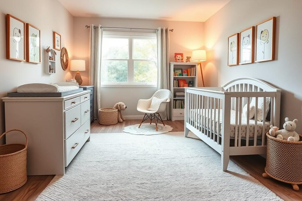 A cozy and efficient nursery layout designed for small spaces, featuring a compact crib, multi-functional storage solutions, and a soft area rug in a pastel color palette. The foreground showcases a beautifully arranged changing table with drawers. In the middle, a stylish rocking chair and a small bookshelf filled with children's books are strategically positioned to maximize space. The background includes a window allowing natural light to flood the room, enhancing the welcoming atmosphere. Soft, ambient lighting casts a warm glow, creating a serene environment. The walls are adorned with cheerful, age-appropriate artwork that complements the overall design. The overall mood is tranquil and inviting, ideal for a nurturing nursery setting.