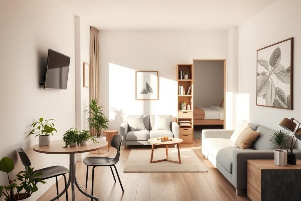 A cozy and efficient studio apartment layout, showcasing defined zones through strategic furniture placement. In the foreground, a small dining area with a round table and two chairs, filled with plants for a touch of greenery. The middle space features a compact living area with a modern sofa, a coffee table, and a wall-mounted TV. In the background, a neatly organized sleeping nook separated by a stylish bookshelf. Soft natural lighting filters in through a large window, casting gentle shadows and creating a warm atmosphere. The color palette is a mix of soft pastels and earth tones, evoking a sense of tranquility and functionality. The image should capture the essence of maximizing space in a small environment, illustrating creativity in design without overcrowding.