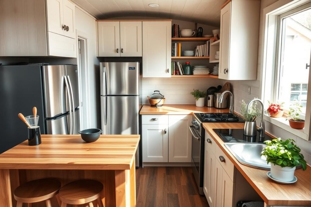 A cozy and efficient tiny house kitchen, featuring space-saving solutions and clever organization. In the foreground, a compact wooden kitchen island with bar stools and built-in storage, showcasing a few culinary tools. In the middle ground, sleek cabinets reaching the ceiling, a modern, slim refrigerator, and a small but functional sink area with natural stone countertop. Highlight a multifunctional stovetop combined with an oven, surrounded by vibrant potted herbs on the windowsill, allowing sunlight to filter in, enhancing the warmth and inviting ambiance. The background includes open shelving displaying neatly organized dishes and cookbooks, set in a Scandinavian design style. Use soft, diffused lighting to create a bright, airy atmosphere that emphasizes the clever use of space while maintaining a sense of homeliness and practicality.