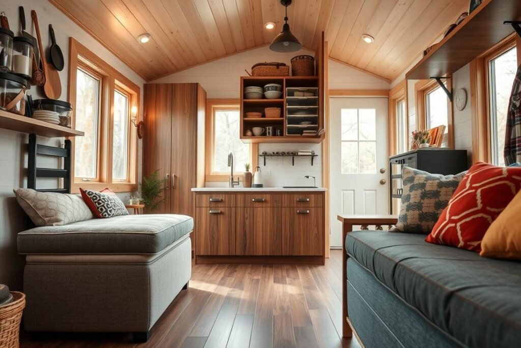 A cozy and efficiently designed tiny home interior featuring innovative storage solutions. In the foreground, showcase clever storage features like multi-functional furniture, such as an ottoman with hidden storage and a wall-mounted shelf filled with neatly organized bins. In the middle, depict a compact kitchen area with organizers in the cabinets and a pull-out pantry, emphasizing space-saving techniques. The background should feature a bright, airy atmosphere with large windows allowing natural light to fill the room, enhancing the feeling of spaciousness. Use soft, warm lighting to create an inviting mood, and capture the scene from a slightly elevated perspective, highlighting the functional beauty of the tiny home’s layout.