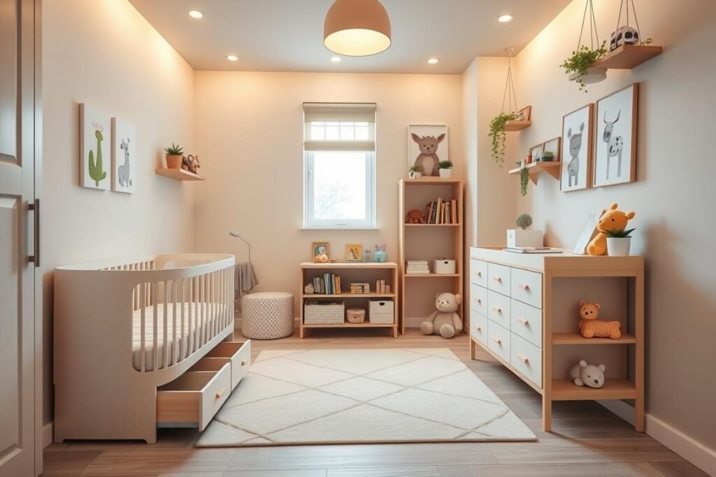 A cozy and functional nursery designed for small spaces, featuring smart storage solutions and multifunctional furniture. In the foreground, a compact crib with built-in drawers and a changing table that doubles as a bookshelf. In the middle, a soft area rug with playful patterns and a wall-mounted shelving unit displaying toys and books. The background showcases pastel-colored walls adorned with whimsical animal art and a small window allowing natural light to flood the room. The lighting is warm and inviting, enhancing the serene atmosphere of the space. Include hanging plants in the corners to add a touch of greenery, creating an overall mood of comfort and creativity in an efficient layout.