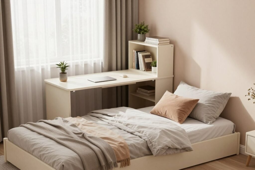 A cozy and functional small bedroom, showcasing efficient furniture designed for compact living. In the foreground, a stylish, multi-functional bed with built-in storage drawers, adorned with neutral bedding and a few decorative pillows. The middle features a sleek, minimalist desk that transforms into a nightstand, accompanied by a compact bookshelf filled with books and small plants. Behind, a window with sheer curtains lets in soft, natural light, brightening the space. The walls are painted in soft pastels, enhancing the feeling of openness. The atmosphere is warm and inviting, with a touch of modern elegance, emphasizing clever space-saving solutions without clutter.