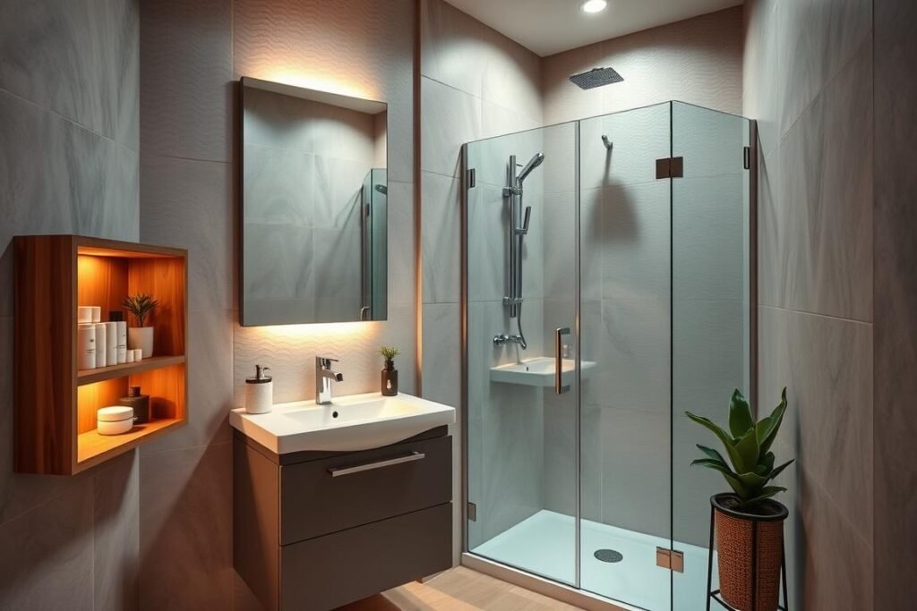 A cozy and innovative bathroom corner showcasing space-saving solutions. In the foreground, a sleek, contemporary corner vanity with a small sink, illuminated by warm, soft lighting. On the side, there’s an elegant corner shelving unit made of natural wood, filled with neatly organized toiletries and decorative plants. The middle ground features an aesthetically pleasing corner shower with glass doors, reflecting light and accentuating the space. The background showcases textured tile walls in calming tones, evoking a serene atmosphere. A large mirror above the vanity enhances the illusion of space while creating a welcoming ambiance. The scene captures the essence of efficient design, emphasizing practical elegance and functionality in a small bathroom setting.