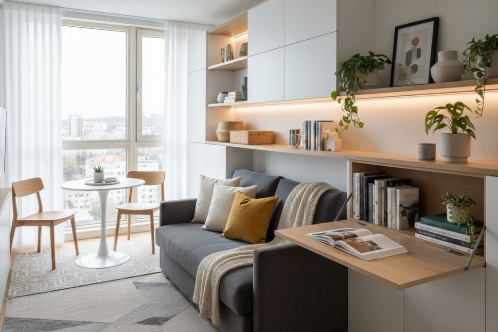 A cozy and modern compact living space that showcases innovative space-saving ideas. In the foreground, feature a multifunctional sofa that transforms into a bed, alongside a wall-mounted foldable desk filled with books and plants. The middle ground should include a compact dining area with stackable chairs, a small round table, and clever storage solutions like hidden shelves and cabinets. In the background, highlight large windows for natural light, brightening the entire space and creating an airy feel. Use soft, warm lighting to enhance the inviting atmosphere. Capture the scene from a slightly elevated angle to emphasize the layout's efficiency, showcasing how every inch serves a purpose while maintaining a stylish and harmonious aesthetic.