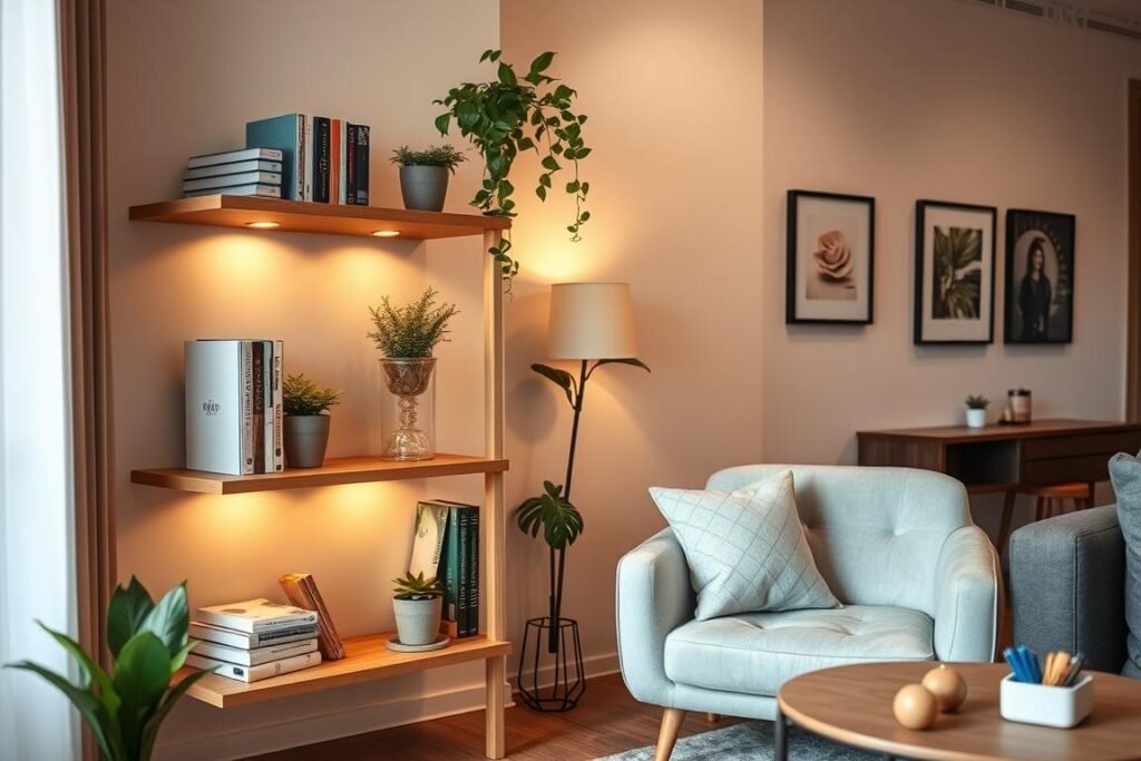 A cozy and modern small apartment corner showcasing stylish shelving units. The foreground features a sleek, two-tiered wooden corner shelf with a natural finish, displaying a few books, potted plants, and decorative items like framed photos or small sculptures. In the middle ground, a compact armchair sits adjacent to the shelving, providing an inviting reading nook. The background reveals softly illuminated walls adorned with subtle artwork, while warm, diffused lighting creates a comfortable atmosphere. Capture this scene from a low angle to emphasize the height of the shelves, and use a wide lens to include more of the cozy surroundings. The overall mood should convey a sense of functionality and style, perfect for maximizing small living spaces.