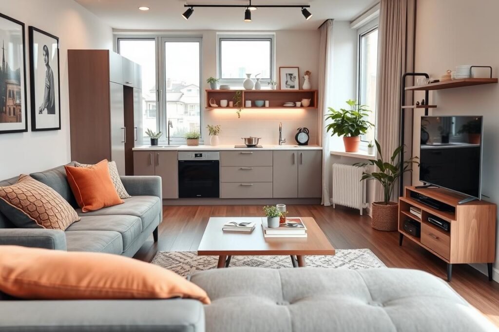 A cozy and modern small apartment interior design, showcasing effective space optimization strategies. In the foreground, a multifunctional sofa bed adorned with colorful pillows and a smart coffee table that can expand into a dining table. The middle section features a compact kitchen area with sleek cabinetry, a small herb garden on the windowsill, and strategically placed shelves displaying neatly organized kitchenware. In the background, large windows allow natural light to flood the space, highlighting a minimalist decor style with light, neutral tones. The atmosphere should feel inviting and practical, demonstrating a harmonious blend of functionality and aesthetics. Use soft, warm lighting to enhance the lived-in feel, captured from a slightly elevated angle to showcase the entire layout.