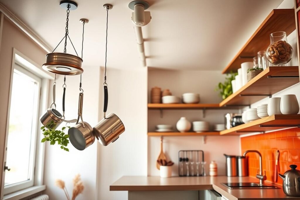 A cozy and modern small apartment kitchen featuring innovative ceiling storage solutions. In the foreground, there are stylish hanging racks with pots and pans suspended neatly from the ceiling, complemented by a few hanging herbs in planters. The middle showcases a compact kitchen island with minimalistic bar stools, while above, open shelves display neatly organized dishes and glassware, all bathed in warm, natural light streaming in from a window. The background captures a splash of color from a vibrant backsplash, enhancing the cheerful atmosphere. The lens perspective is slightly tilted upwards, emphasizing the ceiling's storage elements, creating a sense of space and organization. Aim for a realistic vibe, illustrating a practical yet visually appealing storage solution for small kitchens. A cozy and modern small apartment kitchen featuring innovative ceiling storage solutions. In the foreground, there are stylish hanging racks with pots and pans suspended neatly from the ceiling, complemented by a few hanging herbs in planters. The middle showcases a compact kitchen island with minimalistic bar stools, while above, open shelves display neatly organized dishes and glassware, all bathed in warm, natural light streaming in from a window. The background captures a splash of color from a vibrant backsplash, enhancing the cheerful atmosphere. The lens perspective is slightly tilted upwards, emphasizing the ceiling's storage elements, creating a sense of space and organization. Aim for a realistic vibe, illustrating a practical yet visually appealing storage solution for small kitchens.