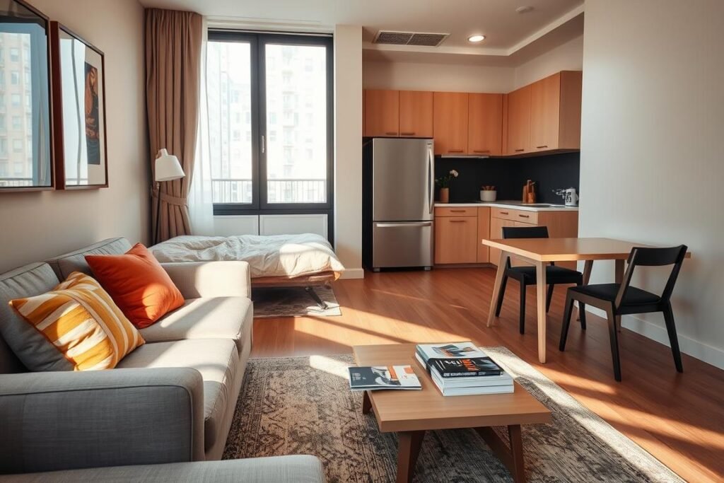 A cozy and modern small condo space featuring multi-functional furniture that maximizes usability and style. In the foreground, showcase a sleek sofa that transforms into a bed, adorned with colorful throw pillows. Adjacent, a coffee table doubles as a storage unit, with magazines neatly placed. In the middle ground, a compact dining table serves four and folds away to save space, complemented by stylish, stackable chairs. The background reveals a minimalist kitchen area, emphasizing clean lines and space-saving cabinets. Soft, natural lighting filters in through a large window, casting gentle shadows. The atmosphere is warm and inviting, ideal for urban living. The angle captures the entire room, highlighting the innovative use of space and harmonious design.
