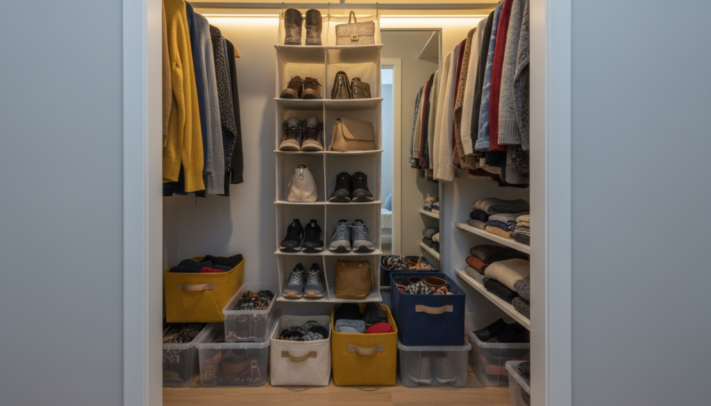 A cozy and organized small closet displaying clever storage solutions. In the foreground, neatly arranged transparent bins and colorful fabric boxes hold various items like shoes, accessories, and seasonal clothing. The middle layer features hanging organizers with shoes and bags suspended from a simple rod, surrounded by a few neatly folded sweaters stacked on shelves. The background shows the closet space illuminated by soft, warm lighting, highlighting the clean lines and thoughtful arrangement. The closet's interior is painted in light colors to create a spacious feel, and a mirror adds depth to the scene. The atmosphere is inviting and inspires creativity, emphasizing practicality in small space living.