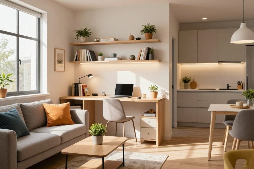 A cozy and stylish mini studio apartment with space-saving decor ideas. In the foreground, there's a multifunctional sofa bed with colorful cushions and a compact coffee table adorned with small potted plants. In the middle, a sleek, wall-mounted desk with modern lighting illuminates a neatly organized workspace, while adjacent shelves display books and decorative items. The background features a small kitchenette with minimalist cabinetry and a compact dining area, accentuated by soft, warm lighting that creates an inviting atmosphere. Bright natural light streams in through a large window, casting gentle shadows that enhance the space’s depth. The overall mood is vibrant and creative, showcasing how to live large in a small space while maintaining a functional and aesthetically pleasing environment.