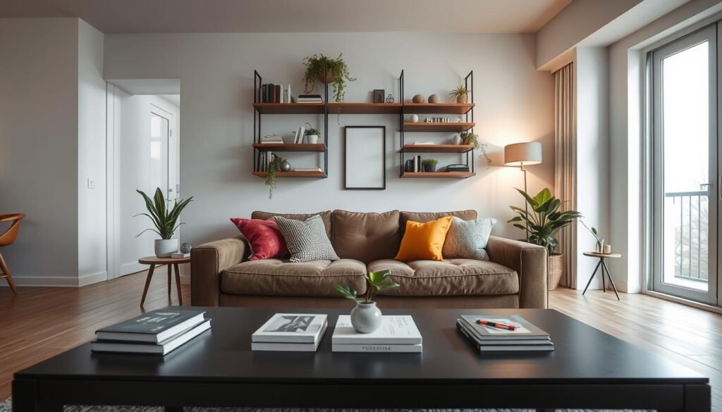 A cozy and stylish small apartment living room, emphasizing clever vertical space utilization. In the foreground, a sleek, modern coffee table with decorative books and a small potted plant. The middle ground features a plush sofa adorned with colorful throw pillows, positioned against a wall-mounted bookshelf that draws the eye upward with decorative items and plants cascading down. In the background, large windows allow natural light to flood the room, illuminating light-colored walls and a small art piece. Soft, ambient lighting creates a warm, inviting atmosphere, enhancing the sense of space. The scene is captured with a wide-angle lens to emphasize depth and layout, showcasing smart design choices for maximizing space in a tranquil, stylish environment.