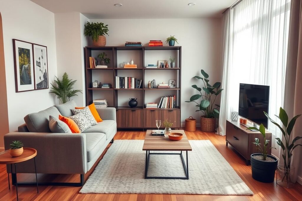 A cozy and stylish small living room featuring right-sized furniture tailored for a compact apartment. In the foreground, show a sleek, modern loveseat with soft fabric and colorful accent pillows, positioned next to a minimalist coffee table. In the middle ground, place a smartly designed bookshelf filled with books and decorative items, creating an inviting atmosphere. The background consists of a well-lit window with sheer curtains, allowing natural light to filter in. Use a warm color palette to evoke a sense of comfort and tranquility. Highlight intricate details such as a soft area rug underfoot and potted plants for a touch of greenery. Capture the scene with a slight overhead angle to encompass the entire layout, ensuring the composition feels open and airy.