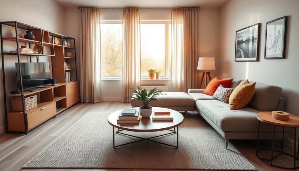 A cozy and stylish small living room showcasing innovative layout ideas, featuring a compact sectional sofa adorned with colorful throw pillows in the foreground. In the middle, a round coffee table with decorative books and a plant sits on a soft textured rug, surrounded by functional shelving units that creatively store items while displaying decorative pieces. The background highlights a large window allowing warm, natural light to flood the space, complemented by light, airy curtains. The walls are painted in soft pastel colors, enhancing the atmosphere of openness and tranquility. The room exudes a modern vibe, with a blend of minimalistic and eclectic decor elements, inviting viewers to consider the potential of small spaces as design opportunities.