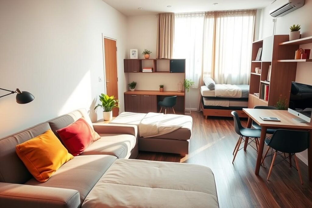 A cozy and stylish small studio apartment featuring innovative space-saving furniture solutions. In the foreground, a sleek sofa that converts into a bed, adorned with colorful throw pillows. To the side, a compact dining table with extendable leaves and modern chairs, doubling as a workspace. In the middle, a wall-mounted desk with shelves above, showcasing plants and books. The background reveals clever storage options like built-in cabinets and a foldable wall bed. Soft, natural light filters through a large window draped with light curtains, casting warm shadows. The atmosphere is inviting and functional, exuding a sense of modern living designed for efficiency and comfort. Shot with a wide-angle lens to capture the entire layout, emphasizing the clever use of space.
