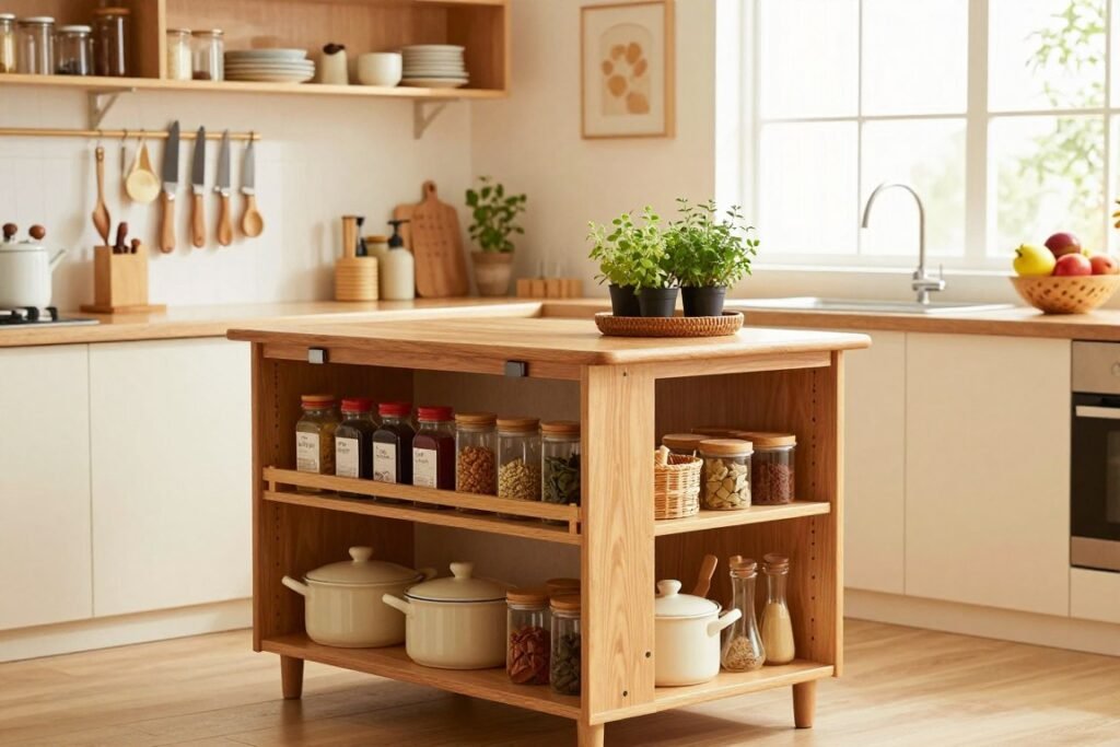 A cozy and well-organized mini studio kitchen showcasing clever storage solutions. In the foreground, focus on a compact kitchen island with built-in shelves filled with neatly arranged spices, pots, and utensils. The middle layer features cabinets with magnetic strips holding knives and a pegboard displaying commonly used kitchen tools. On the countertop, there's a small indoor herb garden and a decorative bowl of fresh fruit. The background reveals a stylish, bright window allowing natural light to flood the space, illuminating the warm tones of wood and light cabinetry. Use a warm, inviting lighting setup to enhance the atmosphere, with a slightly tilted angle to capture depth. Aim for a realistic depiction, avoiding overly polished perfection to convey genuine compact living solutions.