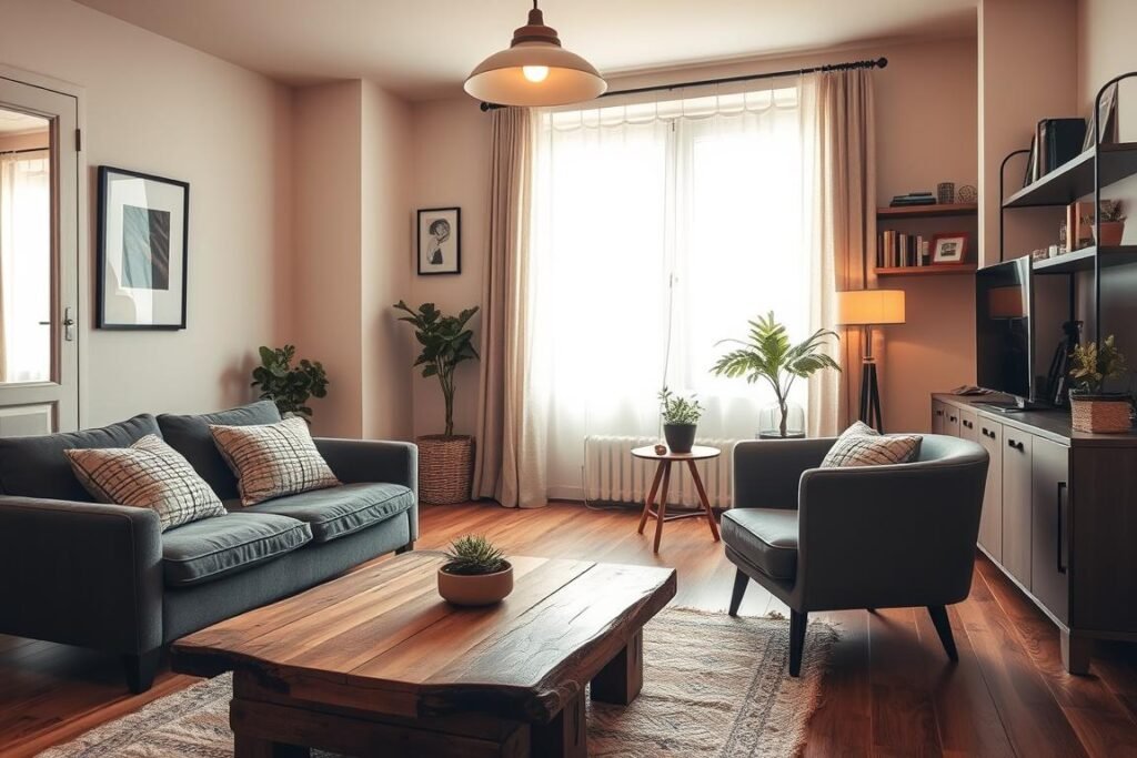 A cozy apartment living room featuring multi-functional furniture. In the foreground, a stylish, compact sofa bed adorned with soft, textured cushions, facing a rustic coffee table made from reclaimed wood. The middle ground includes a chic armchair that doubles as storage, paired with a small side table that has a decorative plant. In the background, a bright window draped with light, airy curtains lets in warm natural light, enhancing the inviting atmosphere. Soft pendant lighting hangs overhead, casting a gentle glow. Add shelves filled with books and personal touches like framed art. The overall mood is warm and inviting, perfect for small living spaces.